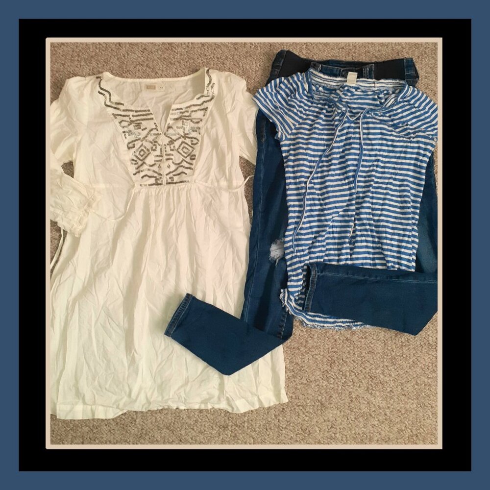 LOT OF OLD NAVY MATERNITY CLOTHES TOP DRESS & DISTRESSED JEANS~WOMENS SIZE XS